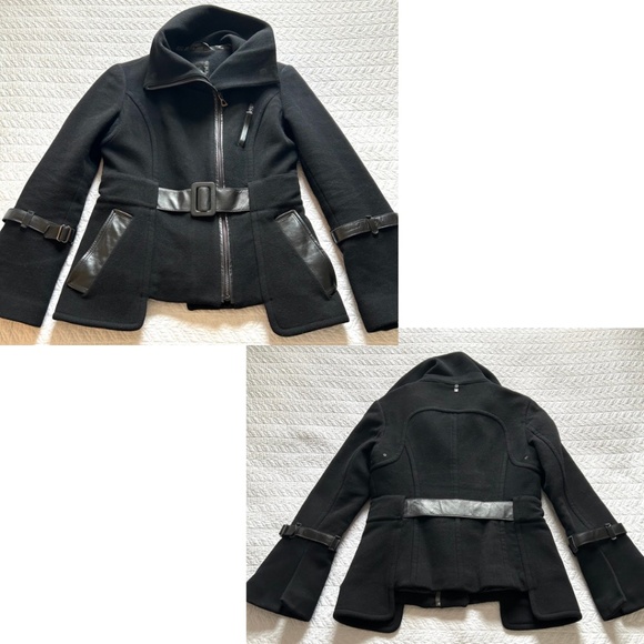 Rudsak Fitted Cropped Wool Jacket Leather Trim Bell Sleeves Black Size S - Picture 11 of 17